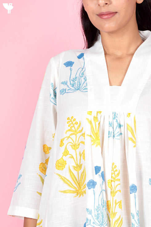 Slub Cotton Panelled Dress In Floral Block Print
